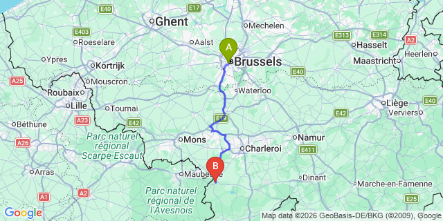 Map: Brussels Midi Train Station to Beaumont