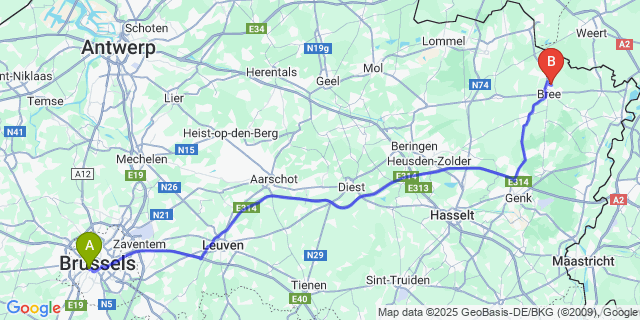 Map: Brussels Midi Train Station to Beek