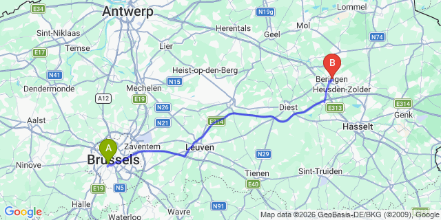 Map: Brussels Midi Train Station to Beringen