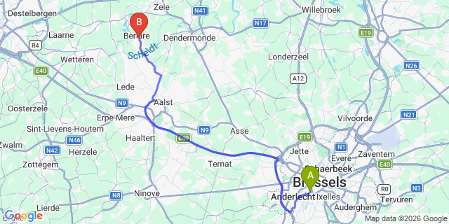 Map: Brussels Midi Train Station to Berlare