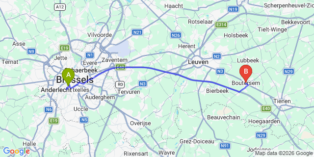 Map: Brussels Midi Train Station to Boutersem