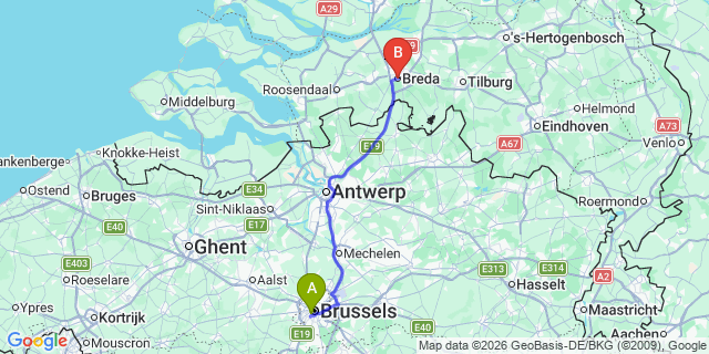 Map: Breda to Brussels Midi Train Station