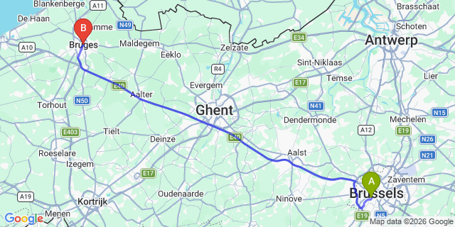 Map: Brussels Midi Train Station to Bruges