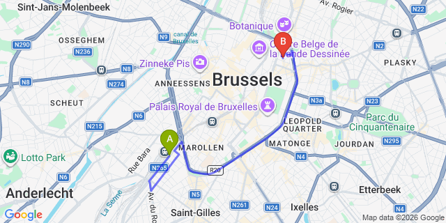 Map: Brussels Midi Train Station to Brussels City Center Apartments, Brussels