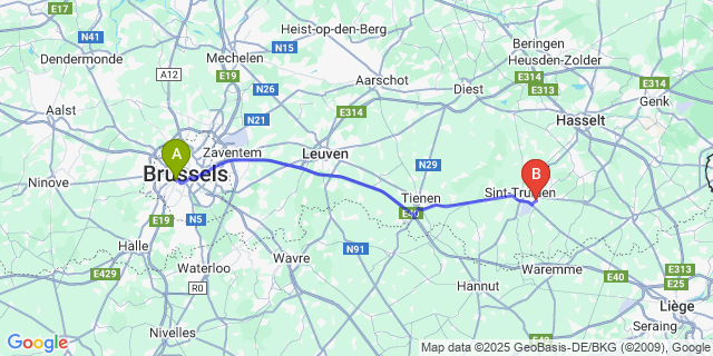 Map: Brussels Midi Train Station to Brustem