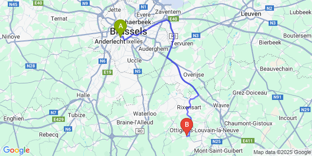 Map: Brussels Midi Train Station to Ceroux-Mousty