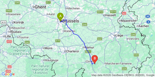 Map: Brussels Midi Train Station to Chevetogne