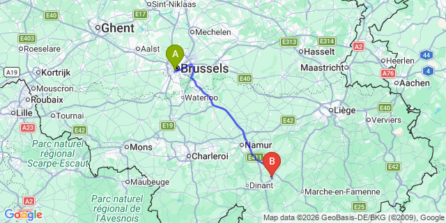 Map: Brussels Midi Train Station to Ciney
