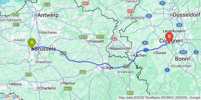 Map: Coevorden to Brussels Midi Train Station