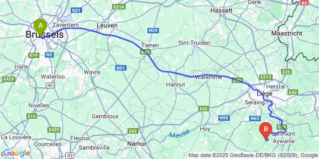 Map: Brussels Midi Train Station to Comblain-au-Pont
