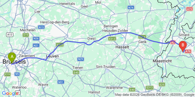 Map: Cuijk to Brussels Midi Train Station