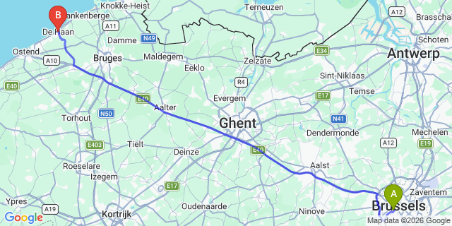 Map: Brussels Midi Train Station to De Haan
