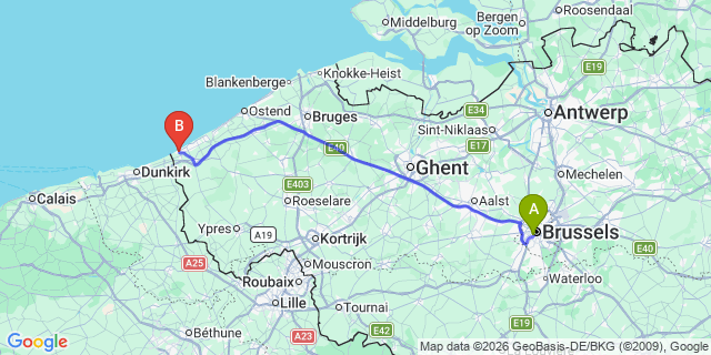 Map: Brussels Midi Train Station to De Panne