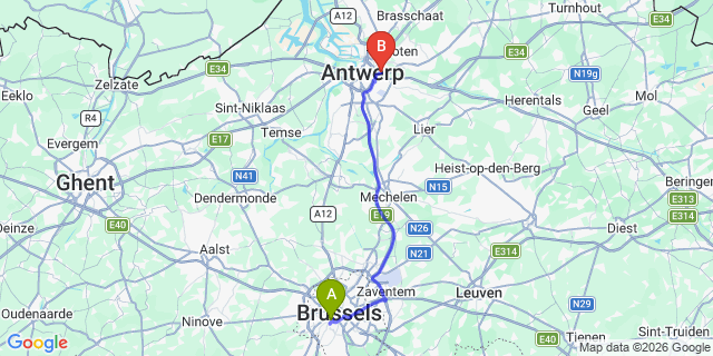 Map: Brussels Midi Train Station to Deurne