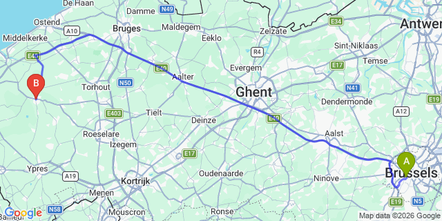 Map: Brussels Midi Train Station to Diksmuide