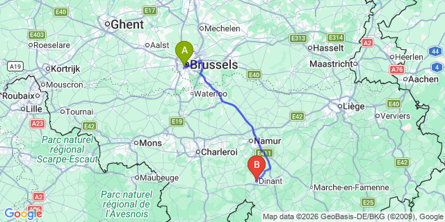 Map: Brussels Midi Train Station to Dinant