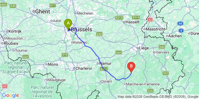Map: Brussels Midi Train Station to Durbuy