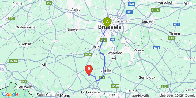 Map: Brussels Midi Train Station to Écaussinnes