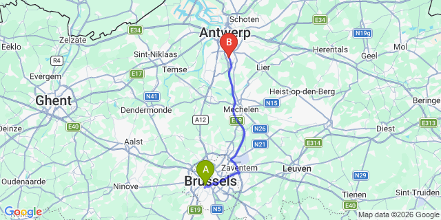 Map: Brussels Midi Train Station to Edegem