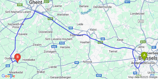 Map: Brussels Midi Train Station to Edelare