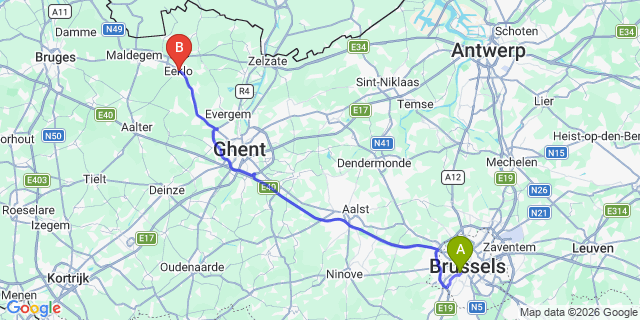 Map: Brussels Midi Train Station to Eeklo