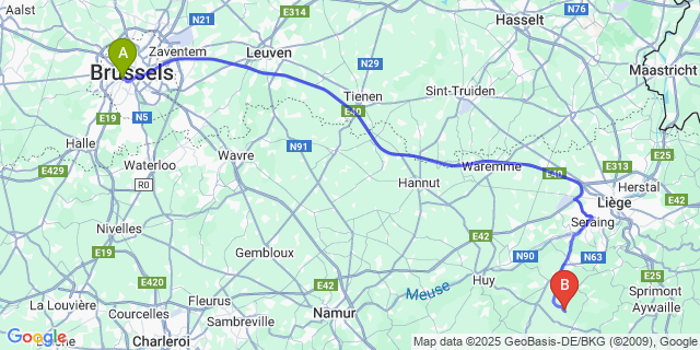 Map: Brussels Midi Train Station to Ellemelle