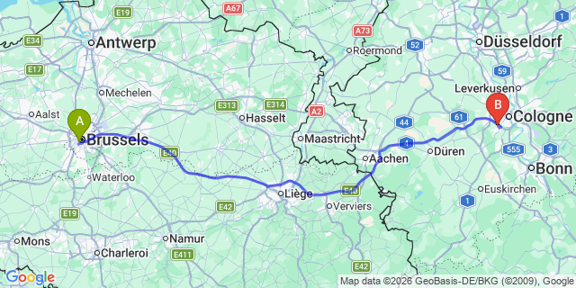 Map: Enschede to Brussels Midi Train Station