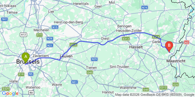 Map: Ermelo to Brussels Midi Train Station