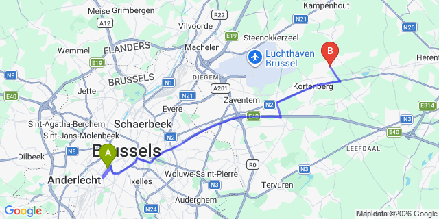 Map: Brussels Midi Train Station to Erps-Kwerps