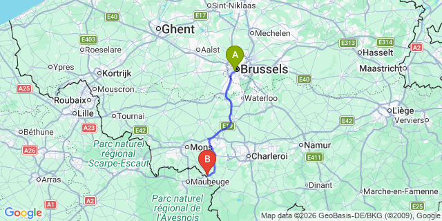 Map: Brussels Midi Train Station to Erquelinnes