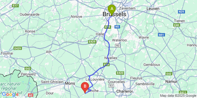 Map: Brussels Midi Train Station to Estinnes