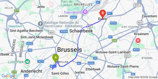 Map: Brussels Midi Train Station to Evere