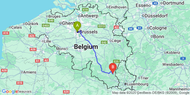 Map: Brussels Midi Train Station to Fauvillers