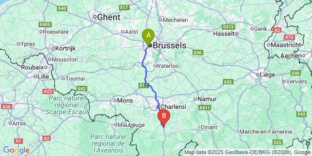 Map: Brussels Midi Train Station to Fraire