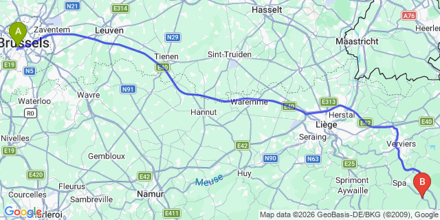 Map: Brussels Midi Train Station to Francorchamps