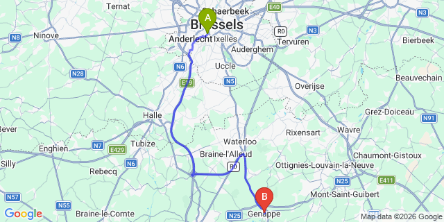 Map: Brussels Midi Train Station to Genappe