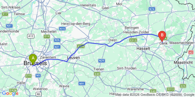 Map: Brussels Midi Train Station to Genk