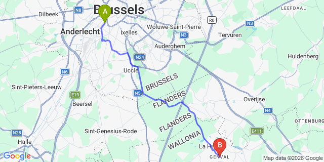 Map: Brussels Midi Train Station to Genval