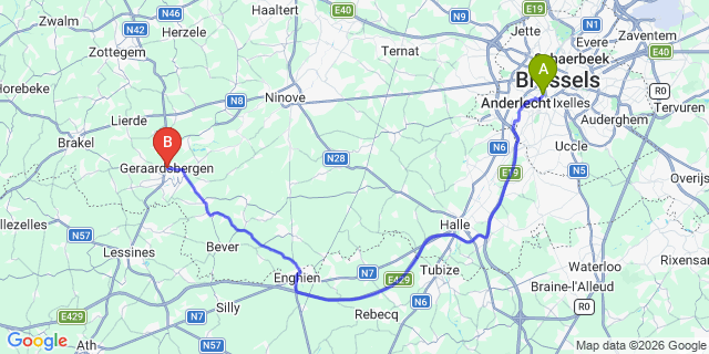 Map: Brussels Midi Train Station to Geraardsbergen