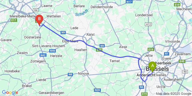 Map: Brussels Midi Train Station to Gijzenzele