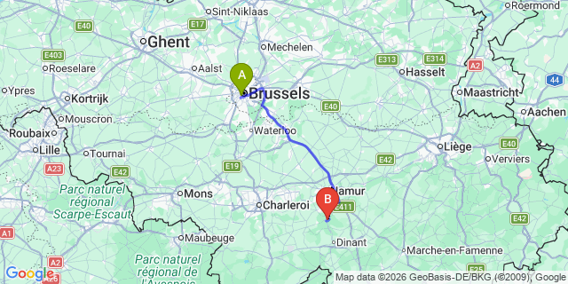 Map: Brussels Midi Train Station to Godinne