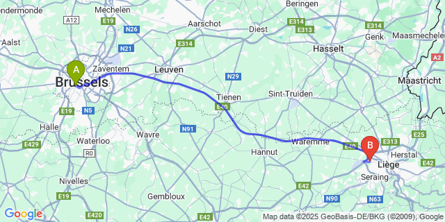 Map: Brussels Midi Train Station to Grâce-Hollogne
