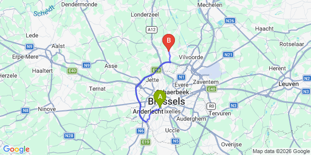 Map: Brussels Midi Train Station to Grimbergen