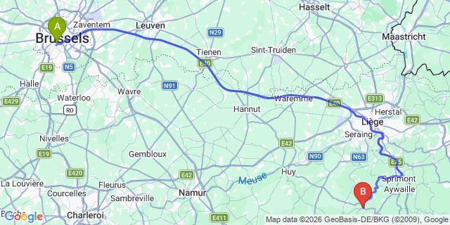 Map: Brussels Midi Train Station to Hamoir
