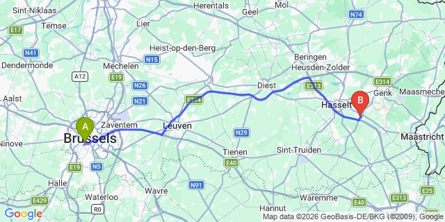 Map: Harlingen to Brussels Midi Train Station