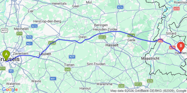 Map: Heerlen to Brussels Midi Train Station