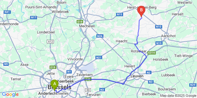 Map: Brussels Midi Train Station to Heist-Goor