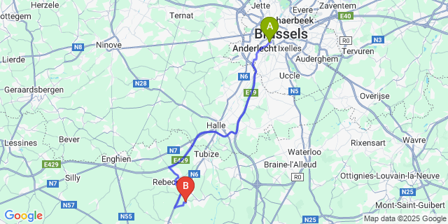 Map: Brussels Midi Train Station to Hennuyeres