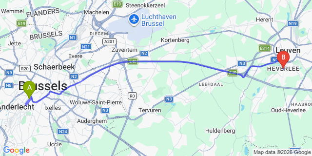 Map: Brussels Midi Train Station to Heverlee