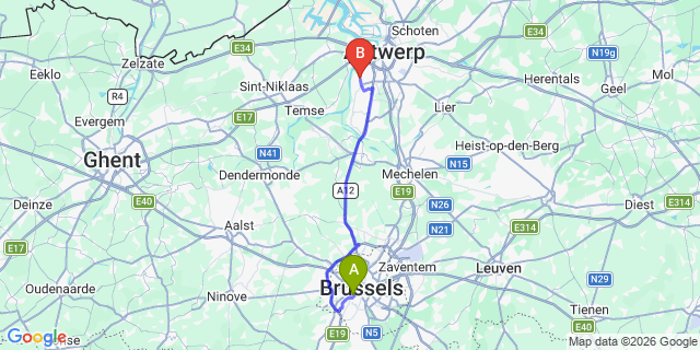 Map: Brussels Midi Train Station to Hoboken